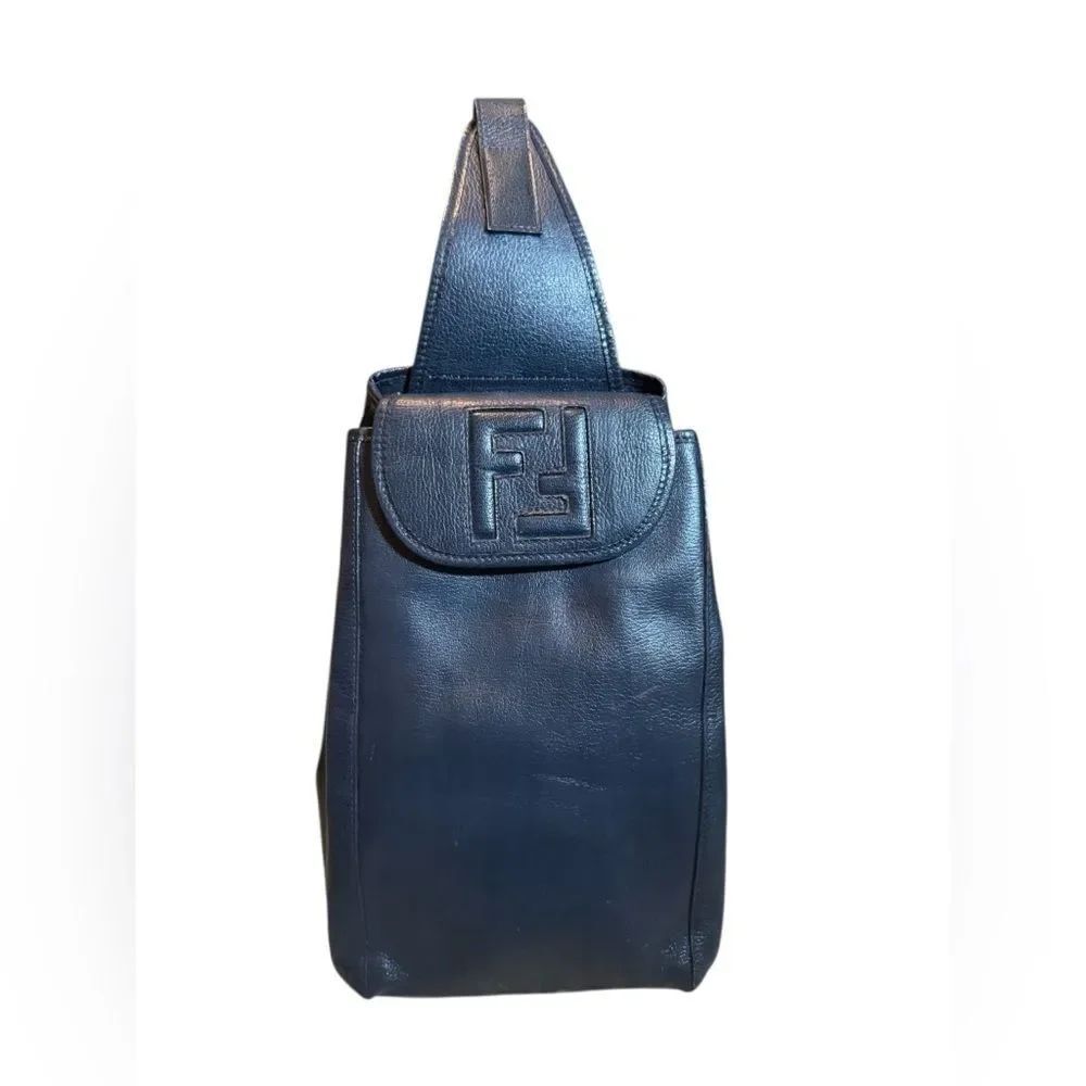 FENDI Navy Blue Leather FF Sling Bag Backpack Knapsack Auth